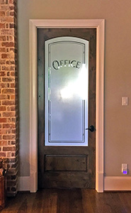 Etched Glass Office Interior Doors in Knotty Alder