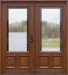 Double doors with shades between glass
